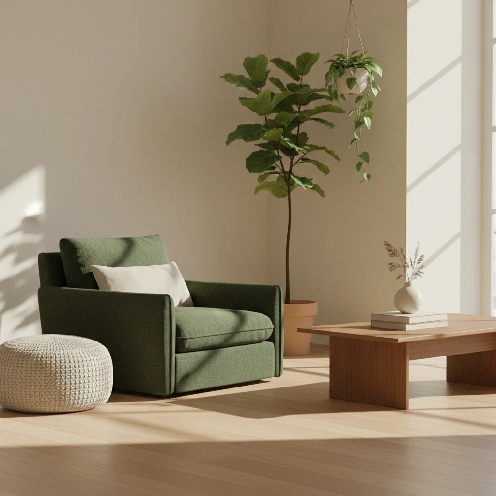 A calm workspace with a notebook, a potted plant and a glass of water on a wooden desk