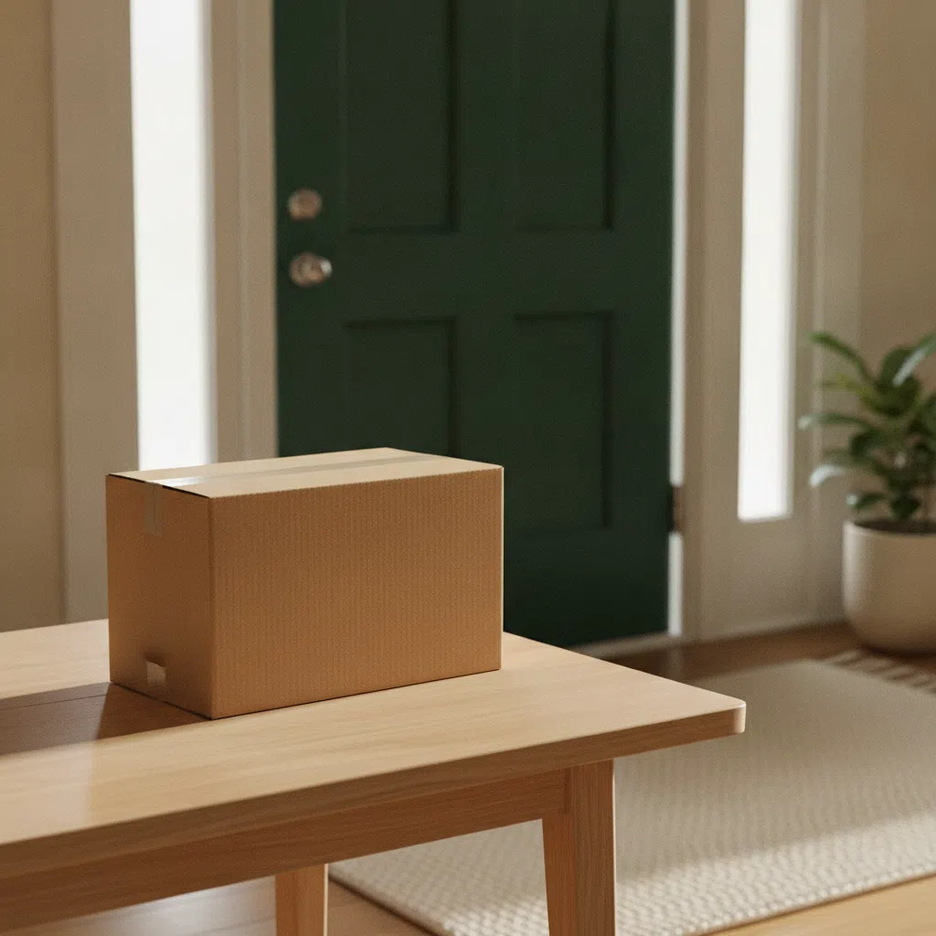 A neat plain kraft parcel box resting on a table near a bright front door