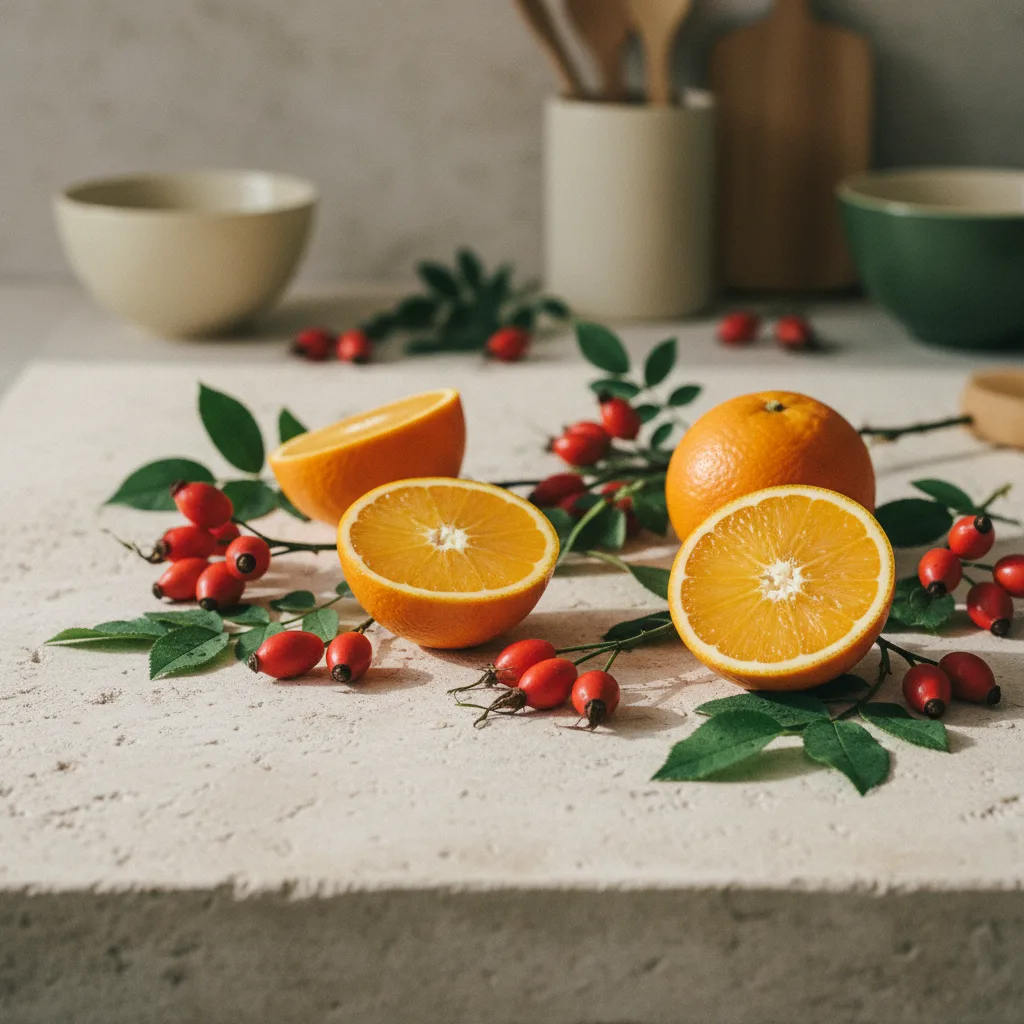 Fresh oranges, rosehips and green leaves arranged on a light stone kitchen surface