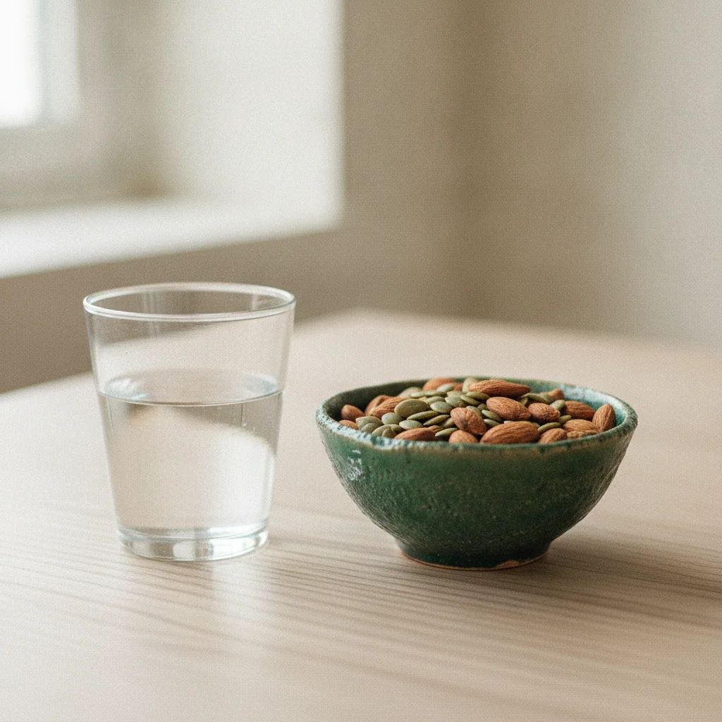 A ceramic bowl of almonds and pumpkin seeds beside a glass of water on a wooden table