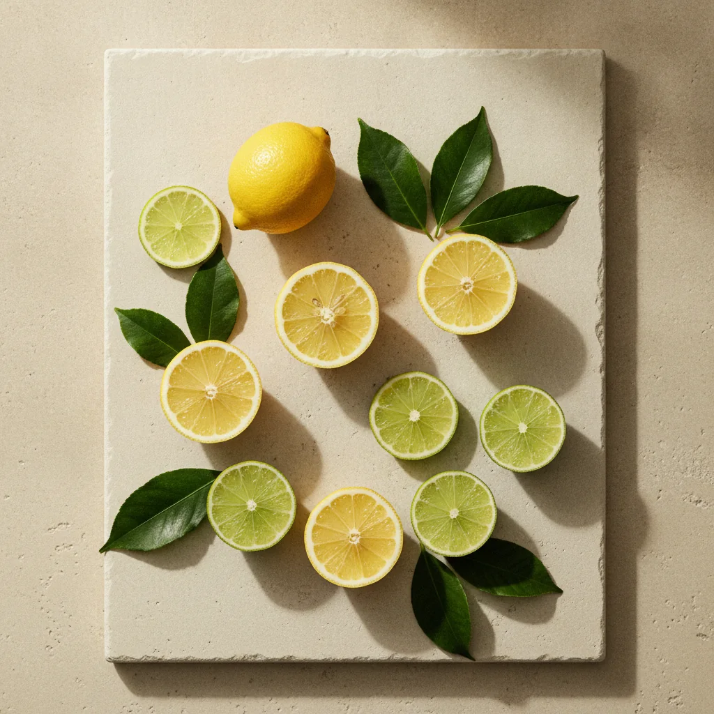 Fresh citrus halves and green leaves arranged on a pale stone surface with morning light