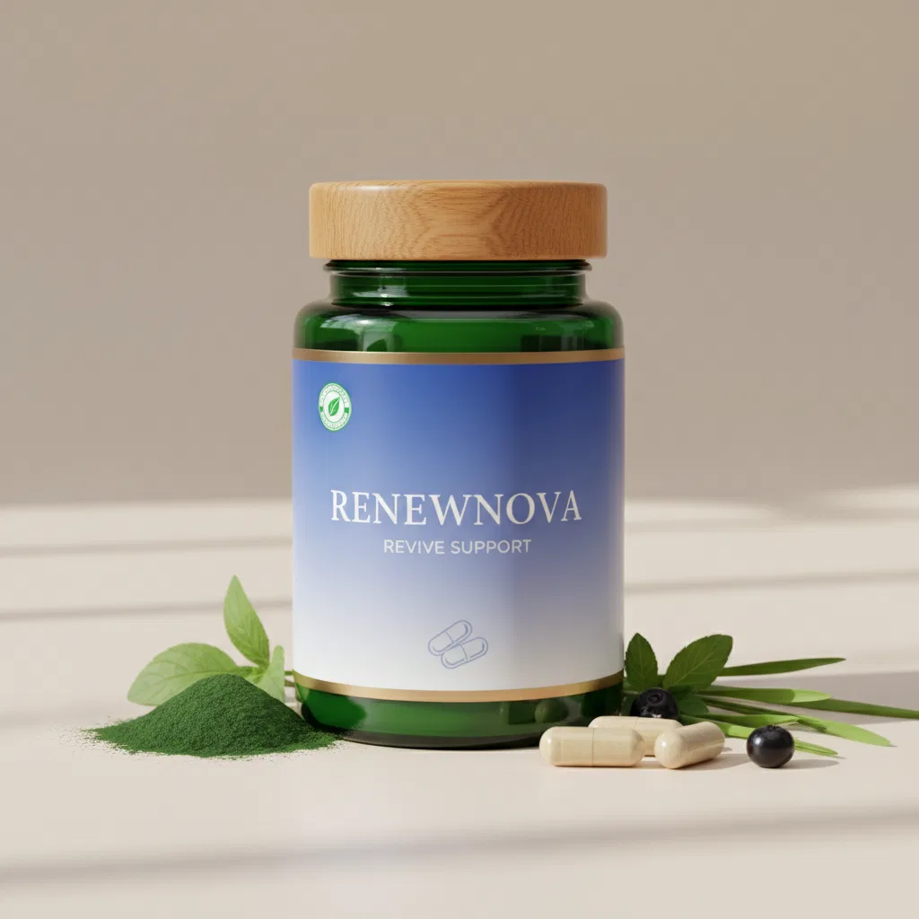 RenewNova Revive Support dark green glass supplement jar with silver lid